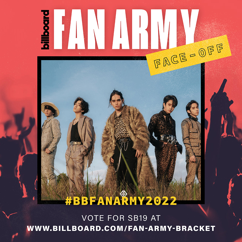 billboard's tweet photo. Hey #CARATs and #A'TIN! 👋 Now's the time to vote for #SEVENTEEN or #SB19 in round 5 of the #BBFanArmy2022 bracket: https://t.co/l1G8GPRda5 https://t.co/mkULisFbto