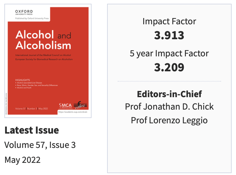 esbra_society's tweet photo. Do you know that the IF of our journal Alcohol and Alcoholism has increased to 3.913 for 2021, up from approx. 2.8 the previous year !
@MCA_med @ISBRAComm @EUFASaddictions @rsa_education @RSAposts @SFAlcoologie @FFAddictologie @AddictionsFr 
https://t.co/XvX4cmiiWW https://t.co/oKIeUv6wpa