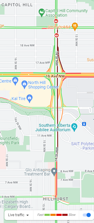 NewsRadioCGY's tweet photo. Crash on 14th Street at 20th Avenue NW.
Smashup is not visible in shot, but photo does show #MegaVolume building.. with backups from 6th Ave.
#ABRoads #yyctraffic https://t.co/ZDe94s8g2b