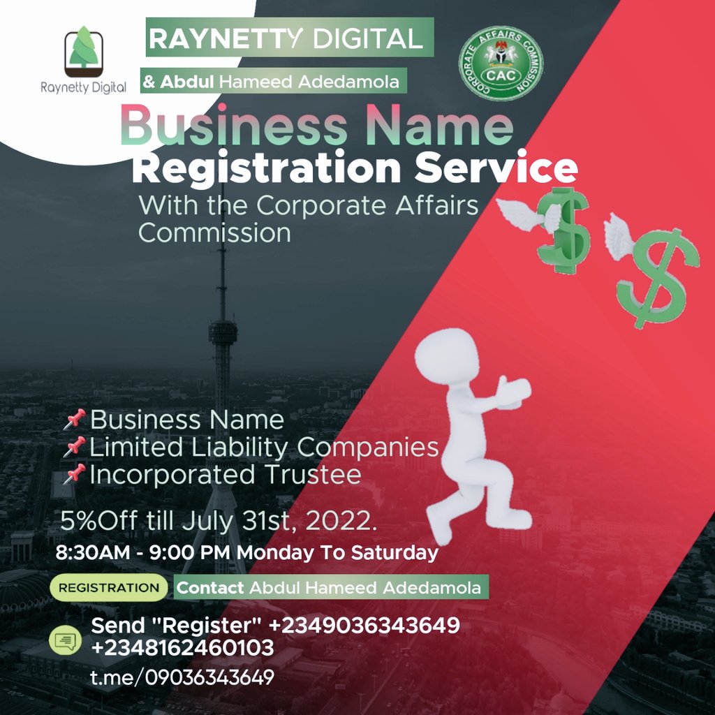 raynetty007's tweet photo. Eid Offer!!
I'll help you Register your business today with the C.A.C. at 5% Off the Normal price of  =N 25k.

To begin send Register to 08162460103
 OR Send "BUSINESS" to 09036343649

#RT #Business #NaijaBusiness #Lagos #Lagoscity #Eidfest https://t.co/ykKSO2fkpj