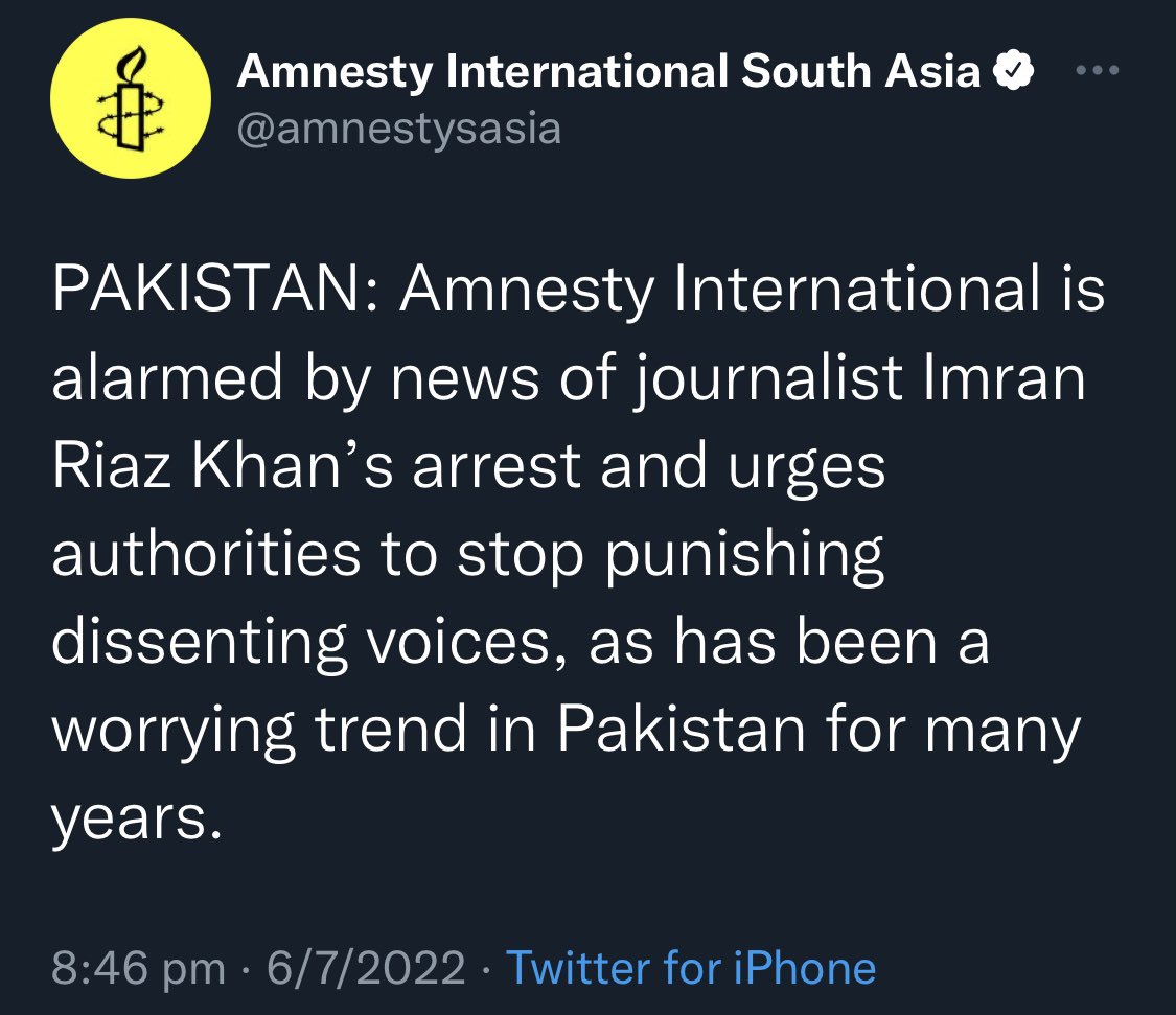 cjwerleman's tweet photo. Amnesty has now condemned the arrest of @ImranRiazKhan, while urging Pakistani authorities to “stop punishing dissenting voices.”

https://t.co/mrsqf5XBLm

#JournalismIsNotACrime #WeStandWithImranRiazKhan https://t.co/VKqeX3tJEf