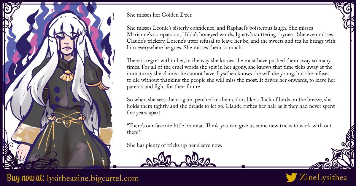 MadamPringle's tweet photo. I can finally release my writing piece for @ZineLysithea which isss right here! A character study on Lysithea and her Crests! 
https://t.co/2qFwubc6JP
Get jumping on leftovers for these last few hours while the shop is still open!
https://t.co/DJ9nCya3qX https://t.co/4Ej2TrRvKI