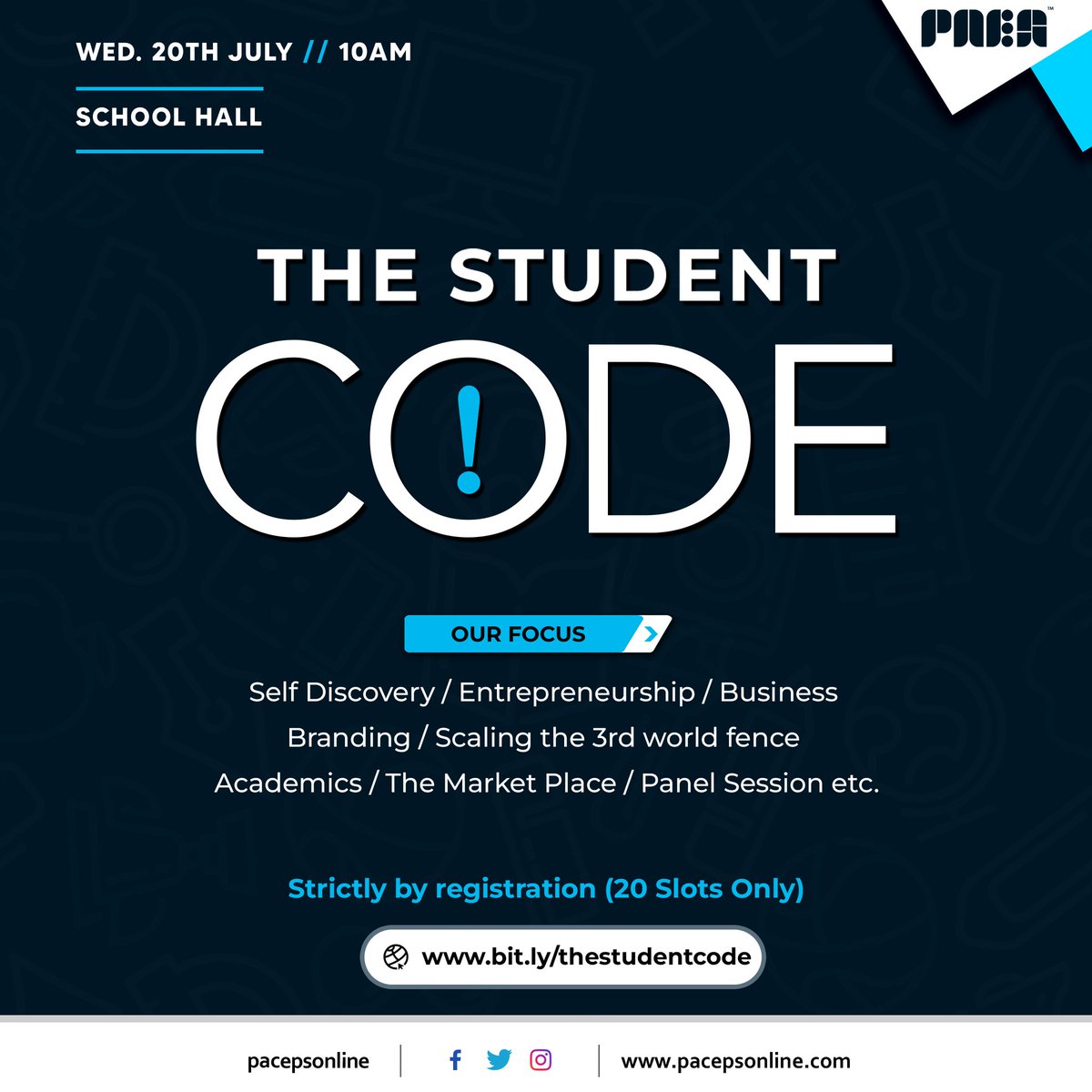 pacepsonline's tweet photo. _*THE STUDENT CODE*_. A free platform set up to teach and empower every student of PACEPS and prepare them for the *MARKET PLACE*.

Only 20 slot is available and its absolutely free. Kindly visit https://t.co/dtKVmXducA to register. https://t.co/NXMHTgFnB6