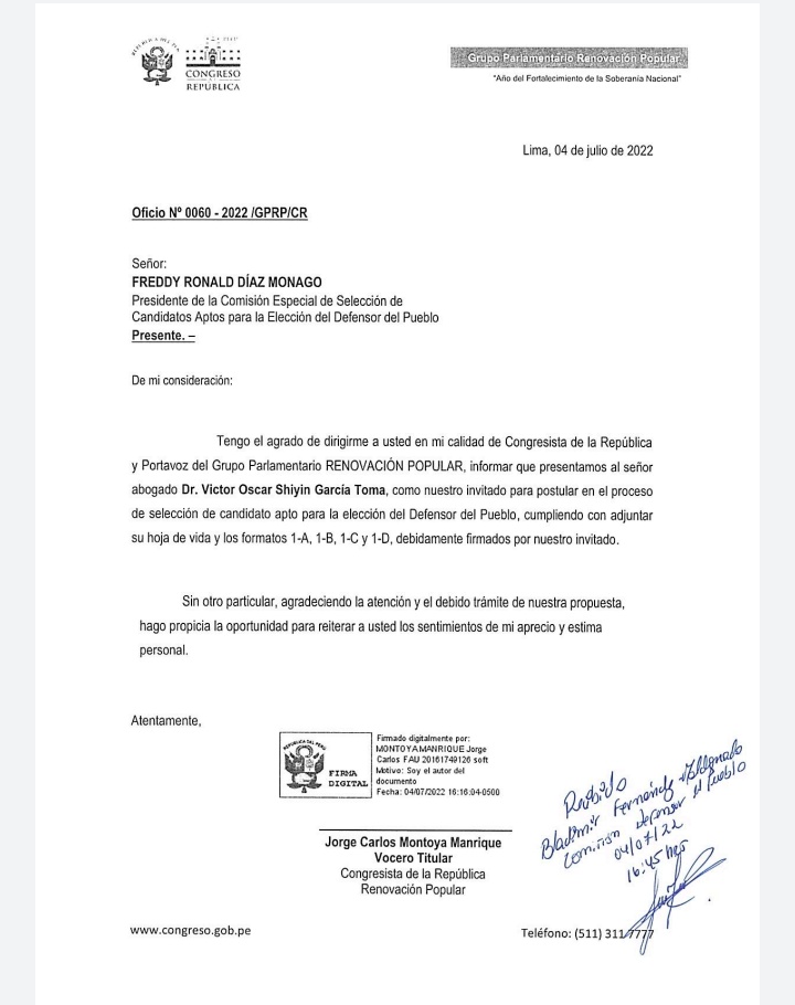 #CONGRESO Renovación Popular formalmente propone a Víctor García Toma como Defensor del Pueblo @Politica_LR