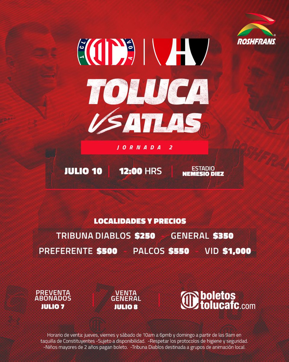 TolucaFC's tweet photo. ¿Están listos para el 1er partido en el infierno? 🤩 🏟️❤️‍🔥

 👹 vs 🦊
📍J2 | Estadio Nemesio Diez
🗓 Domingo 10 de julio
 🕛 12:00 hrs.
🎟 Taquillas / https://t.co/7joe2OZbJf 

#TuMismaSangre | #ElRojoesTodo | @RoshfransMX https://t.co/h9bz7ZvAao