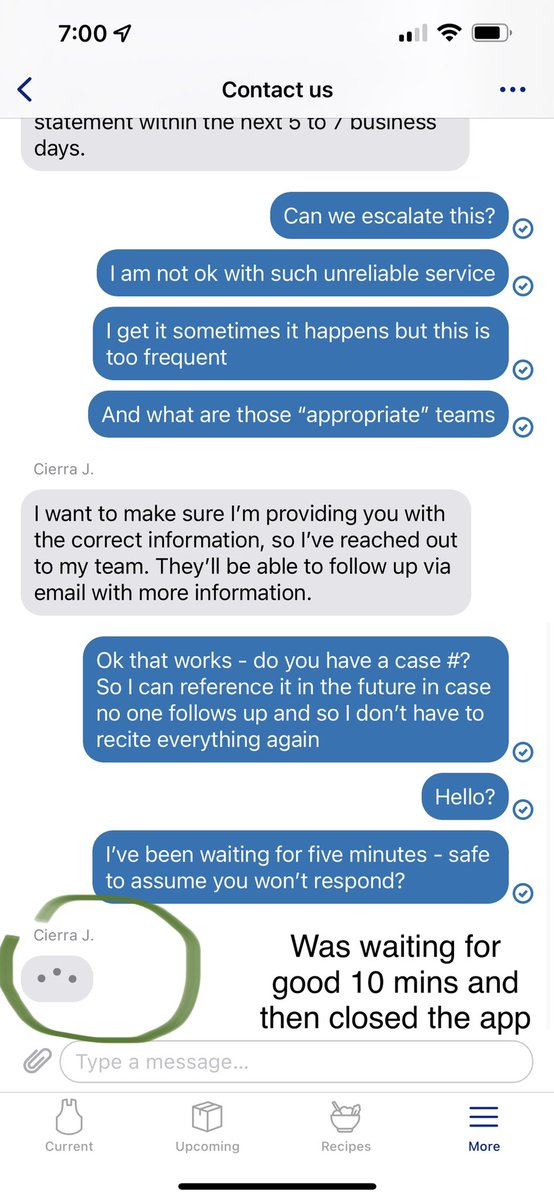 yskalins's tweet photo. @blueapron 2 out of 3 latest boxed were not delivered - the box that was delivered had issues with ingredients … I’ve been using your services basically since the inception and this is just not ok… “brilliant” interaction with the customer service agent via chat is enclosed… https://t.co/Msj60gY4Oj