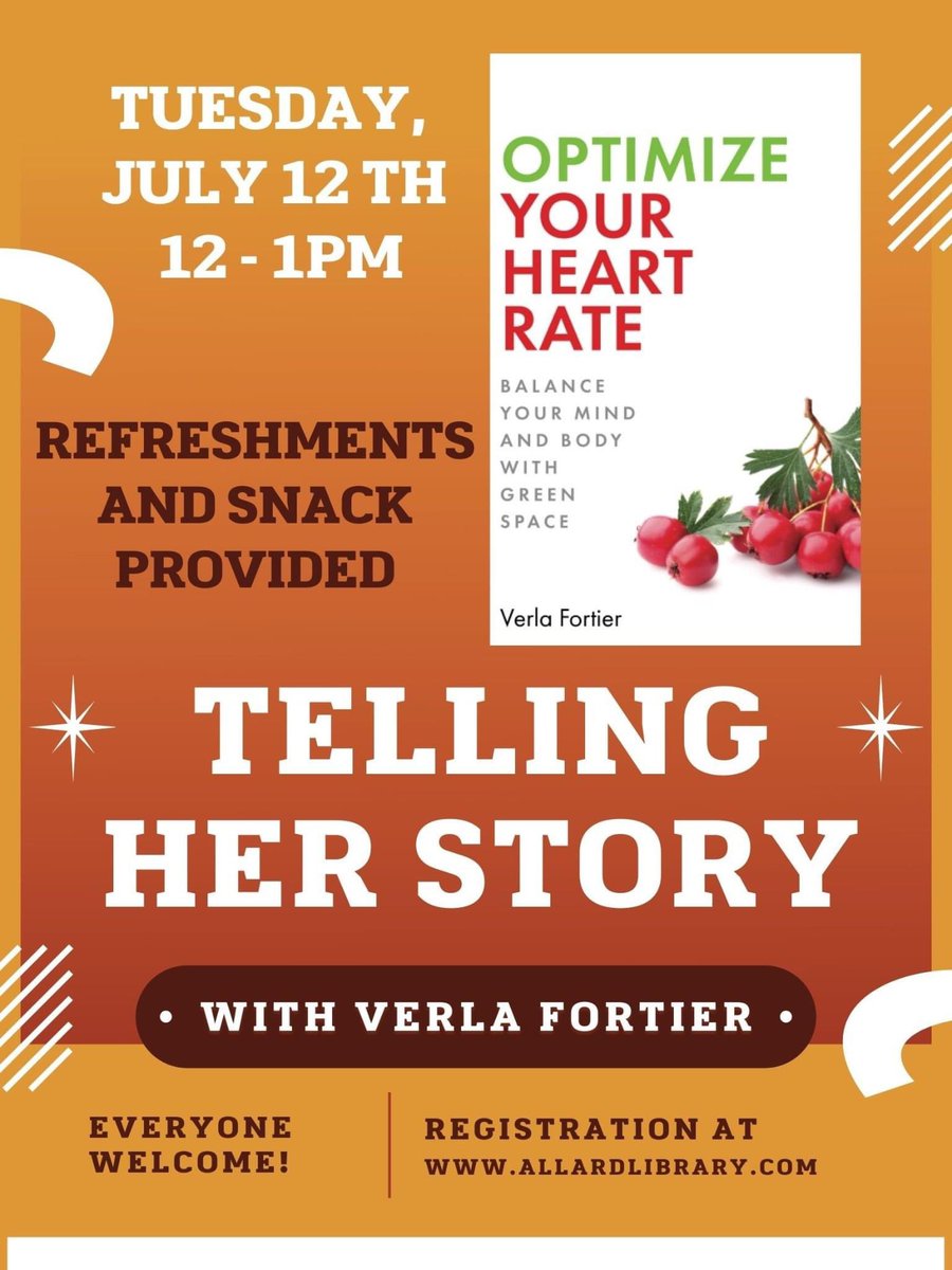 AllardLibrary's tweet image. Join us Tuesday July 12 outside on our deck at noon to hear Verla Fortier speak about her newest book Optimize Your Heart Rate. Come on out, show your support and enjoy a fun afternoon overlooking our beautiful park. Register on our website or give us a call.
