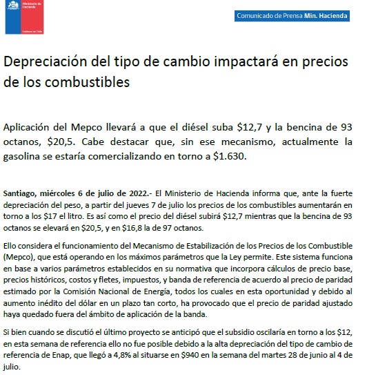DF_SValdenegro's tweet photo. ALZA DEL DÓLAR LE PEGA A LAS BENCINAS: Hacienda informa que el valor de los combustibles aumentará en $ 17 promedio por litro a partir de mañana. La bencina de 93 subirá $ 20,5 promedio el litro @DFinanciero https://t.co/VIJaSLMd37
