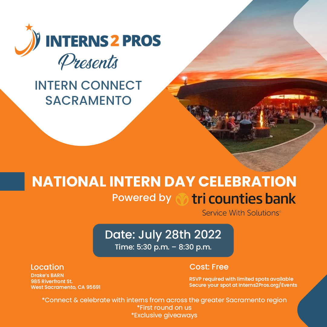 Attention Sacramento Area Interns!! You deserve to be celebrated. Come on out to one of the most beautiful &amp; premier spots in the Sacramento region for an exclusive event for you… powered by the tremendous folks at @tricountiesbank &amp; presented by Interns 2 Pros. RSVP today!!