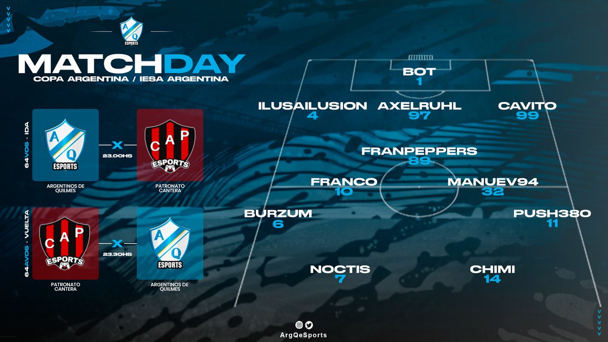 Hoy #ElMate por Copa Argentina
@iesafifaar

🗓 Partido  Ida y vuelta
🆚 Patronato Cantera

📺Transmisión en vivo por: twitch.tv/franleo10

Redes Sociales: @argdequilmesoficial

#DaleMate
#JuegaMate