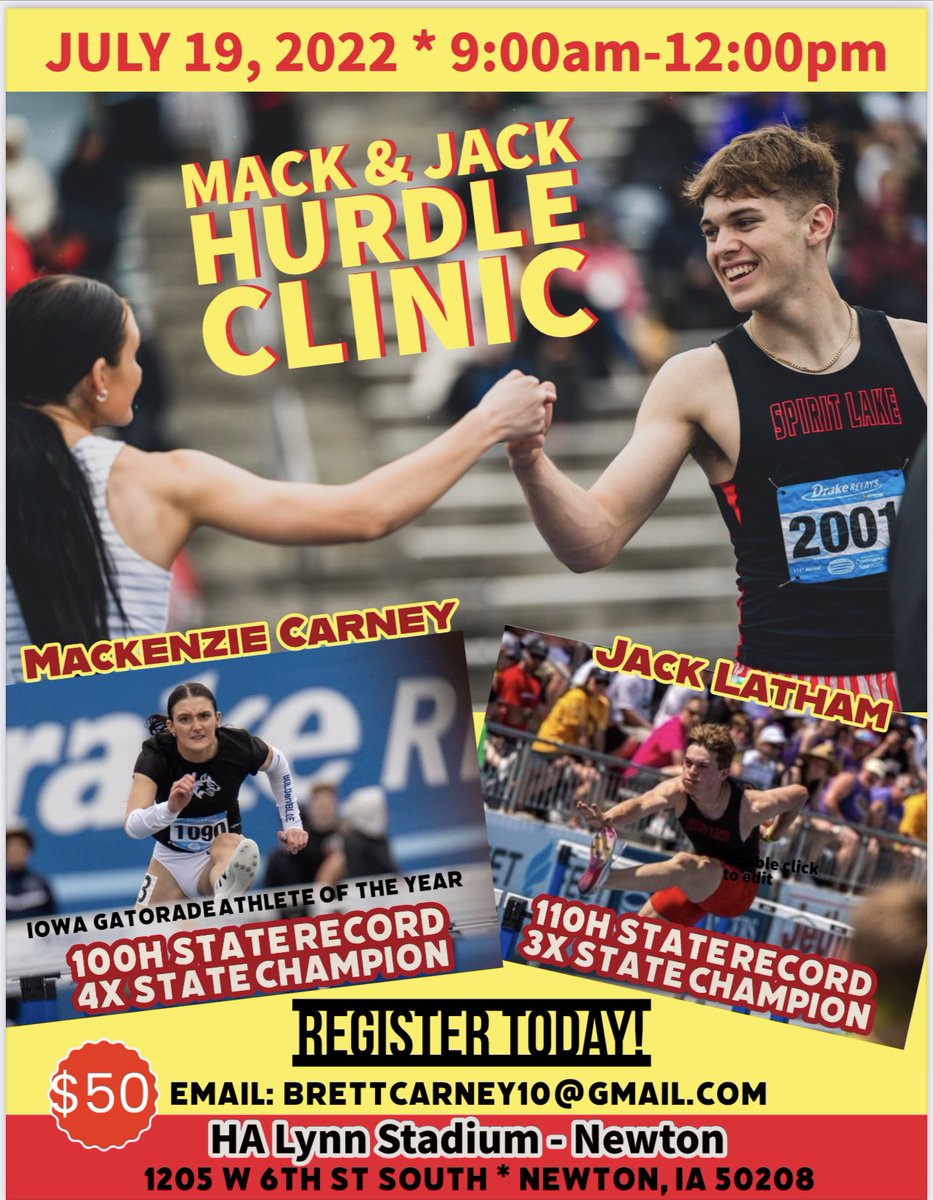 MACK &amp; JACK HURDLE CLINIC IN NEWTON JULY 19!
Two of the Best Hurdlers EVER in the State are joining forces to host a coed Hurdle Clinic!  Come learn from the Best!