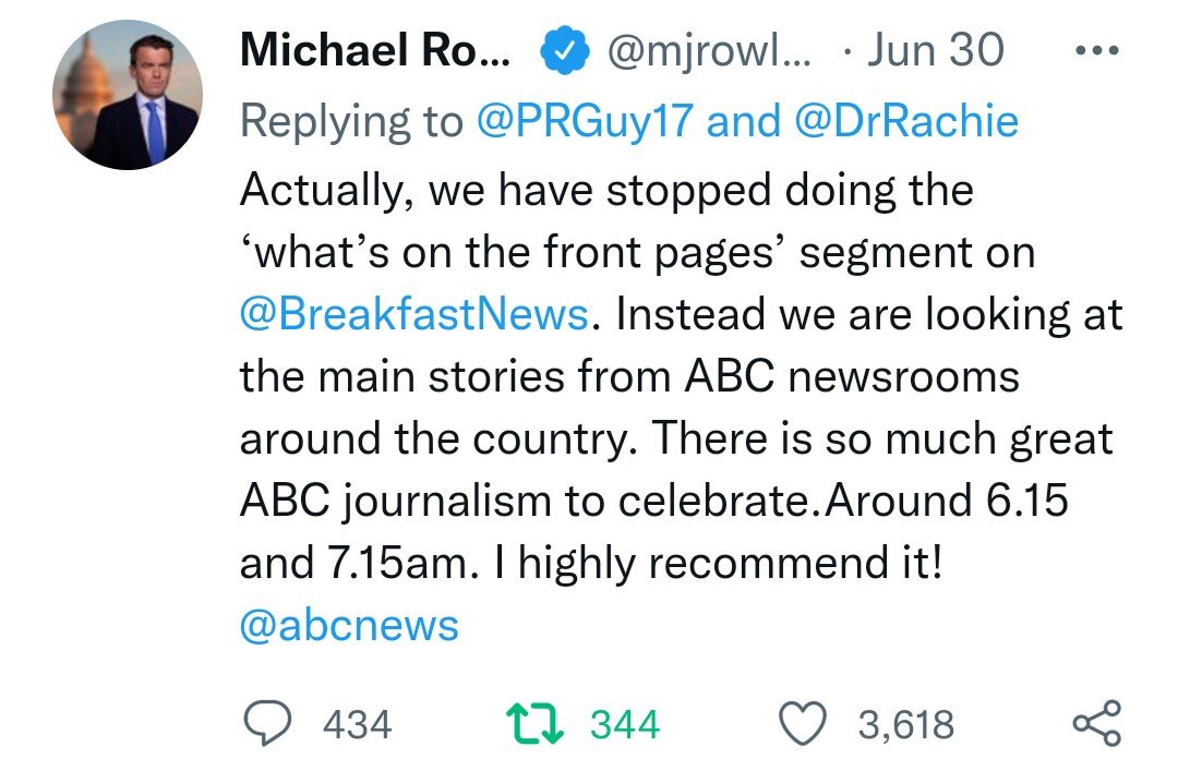 SusanSmithAus's tweet image. ABC BreakfastNews correctly decided to pull it&apos;s segment, parading the daily MSM headlines (Murdoch/Costello propaganda)

ABC can&apos;t continue to parade the journos of those biased papers anymore

Time for #Insiders to listen and act on the single biggest public complaint
 
#auspol