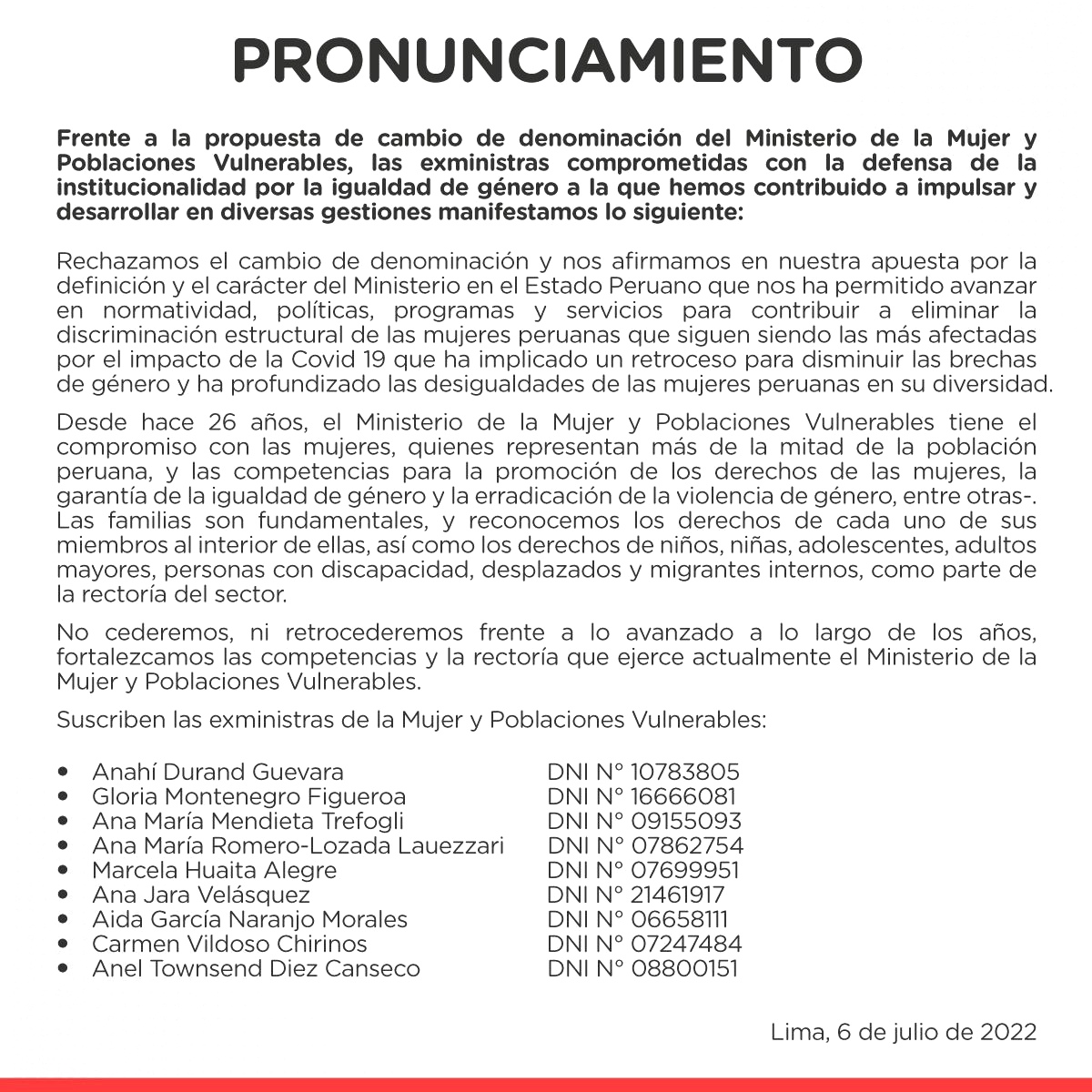 amromerolozada's tweet photo. Frente a la propuesta de cambio de denominación del #MinisterioDeLaMujer y Poblaciones Vulnerables, las exministras comprometidas con la defensa de la institucionalidad por la igualdad de género manifestamos lo siguiente: 👇 https://t.co/j3tzdFpi6S