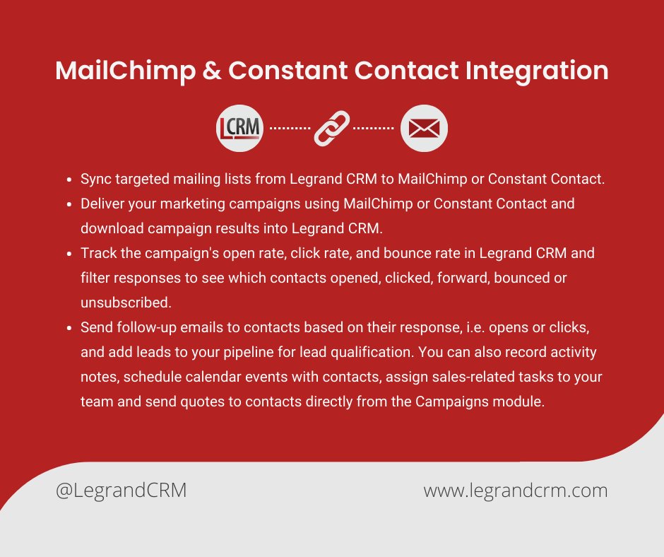 LegrandCRM's tweet image. Align your marketing and sales team with our MailChimp and Constant Contact integration! Sync effortlessly between systems, track campaigns, and convert more leads. 

legrandcrm.com/on-premise/mar…

#CRM #EmailMarketing #MailChimpIntegration #ConstantContactIntegration