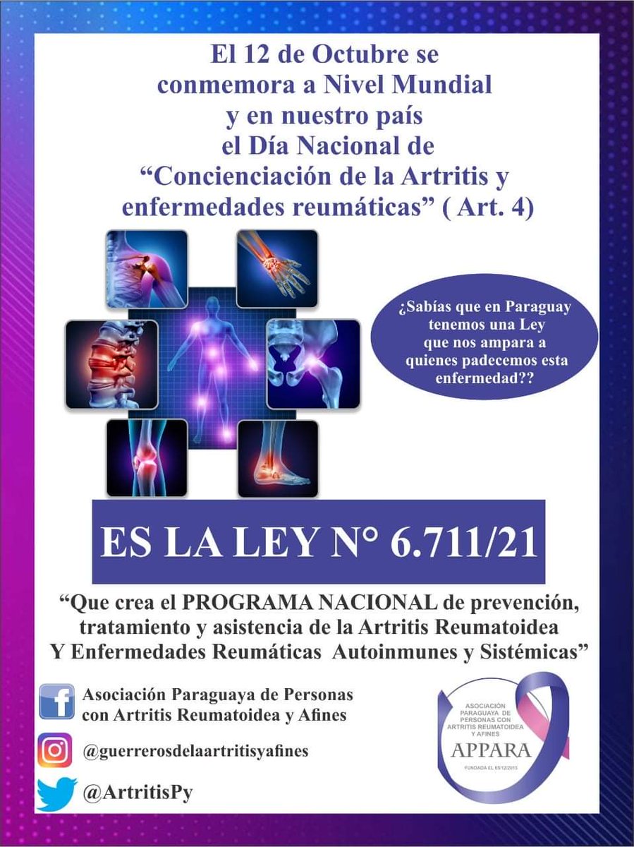 ArtritisPy's tweet photo. #Sabías / Que en Paraguay existe una LEY que ampara a quienes padecen de una enfermedad reumática?
#Somosley
#Appara 🇵🇾
#dolorcronico
#guerreras
#artritisreumatoidea https://t.co/sw9b8BWGh5