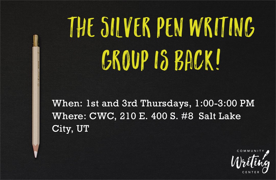 Feeling Creative? Like to write? Come join our Silver Pen writing group! 

When: 1st and 3rd Thursdays from 1:00-3:00 PM 
Where: CWC, 210 E. 400 S. #8  Salt Lake City, UT 

Info &amp; other writing groups:
slcc.edu/cwc/dws.aspx

#writinggroup #slc #utah #writingcommunity