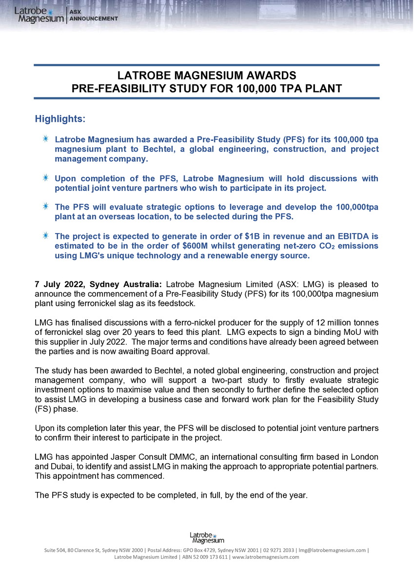 LMG_Magnesium's tweet photo. We’ve just released the following announcement to the market:

$LMG LMG awards pre-feasibility study for 100,000 tpa plant

Full announcement at https://t.co/S1sFLFnK8N https://t.co/uoPy5U3G7g