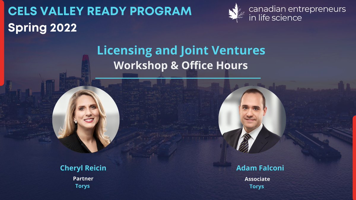 Hope you all had a great Canada Day and 4th of July celebration!
We are excited to have 2 amazing speakers Cheryl Reicin &amp; <a href="/AdamFalconi/">Adam Falconi</a>  from our sponsor company <a href="/TorysLLP/">Torys LLP</a> for this Friday's Workshop on 'Licensing and Joint Ventures' as a part of our VR Program-Spring 2022.