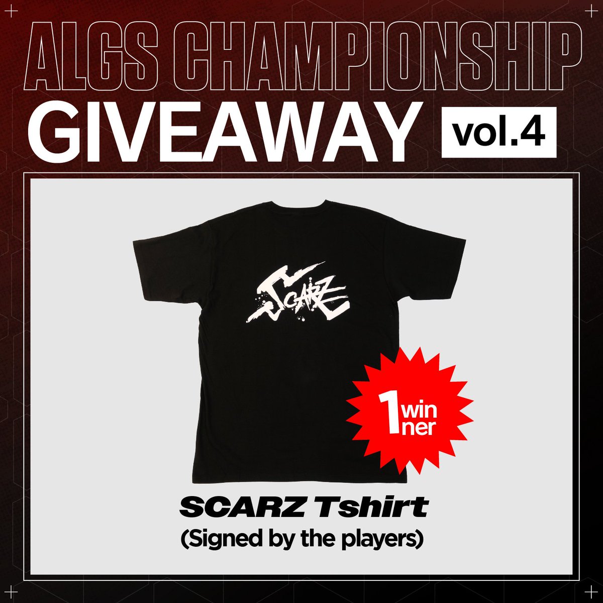 Taisheen's tweet image. ━━━━━━━━━━
SCARZ #ApexLegends
ALGS Championship Giveaway 4sparkles
━━━━━━━━━━

1 lucky winner will receive a signed SCARZ Shirt!
抽選で1名様にサイン入りSCARZシャツをプレゼント

&amp;lt;応募方法&amp;gt;
Follow
@SCARZ5
@SCARZ_ENG
@Taisheen

RT this tweet 

Deadline 締切：7/11