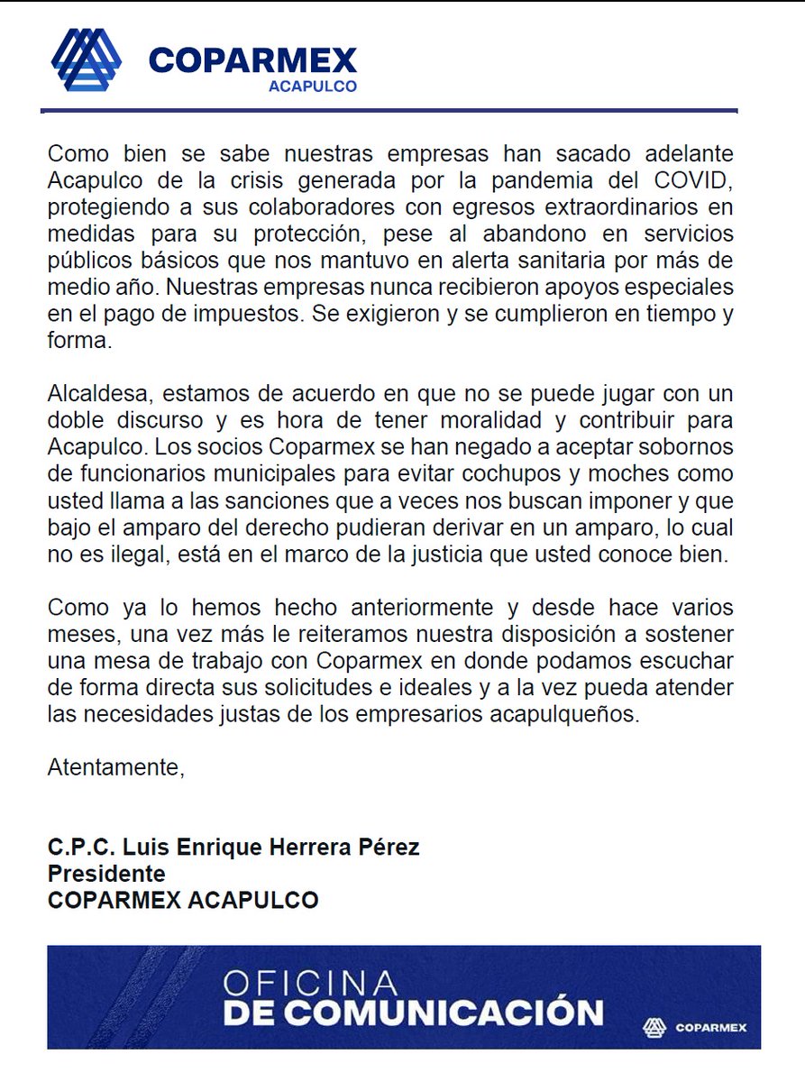 La comunicación y búsqueda de alianzas entre los sectores privado y de Gobierno debe ser la constante para lograr un mayor desarrollo económico que beneficie a los habitantes, y sector empresarial de nuestra ciudad de #Acapulco. 
 
#ComunicadoCoparmexAcapulco 👇