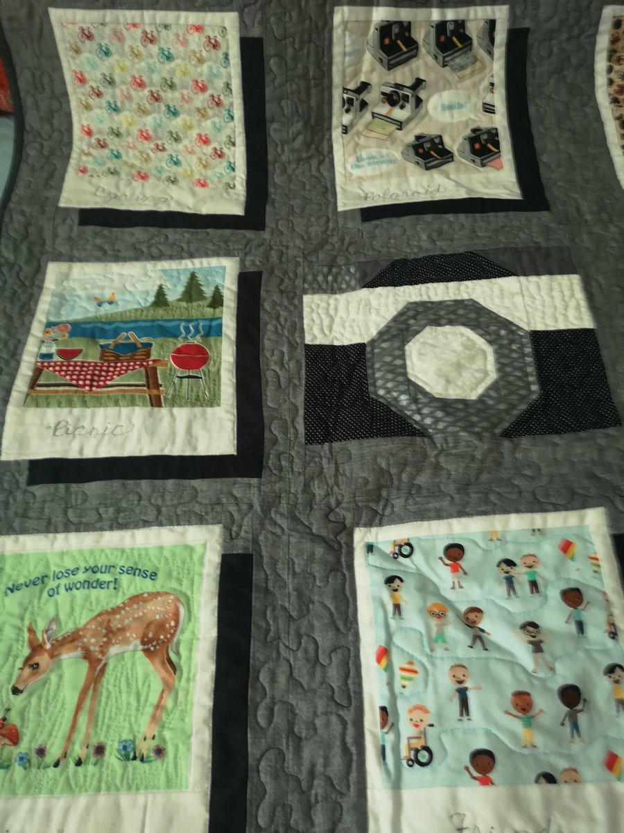 kellyoptra's tweet image. I received the bestest birthday quilt from a group of friends in BC &amp;amp; Manitoba who know how to take fabric &amp;amp; make magic with it. Front &amp;amp; back! Who knew there was a camera quilt pattern! I was told it was worth the wait to be late and it will be treasured forever! #creativefriends