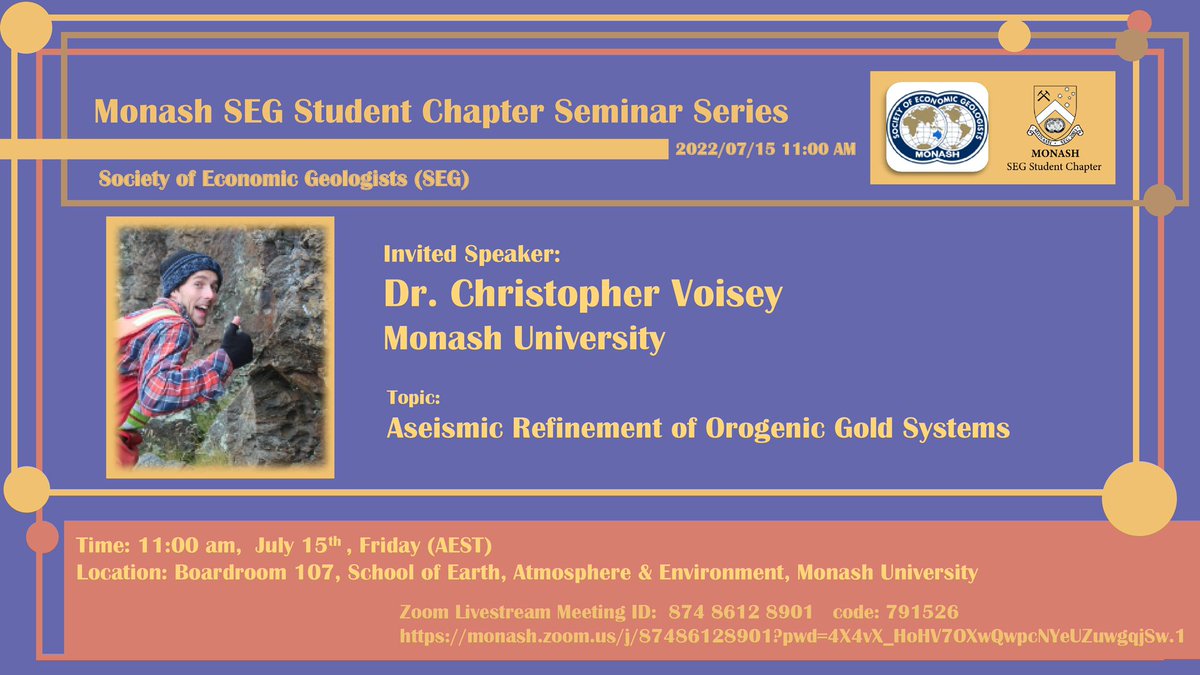 Next Friday, Dr. Chris Voisey is going to give us a talk about how amazing the orogenic gold deposits form. The title is Aseismic Refinement of Orogenic Gold Systems. Join us ☺️🚀✨