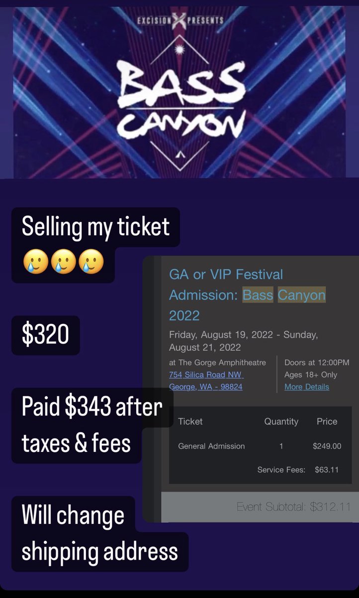 BrookBarakat's tweet photo. Selling my Bass Canyon GA ticket for $320. Will change shipping address. Please retweet. 💕 https://t.co/en4lAxST5f