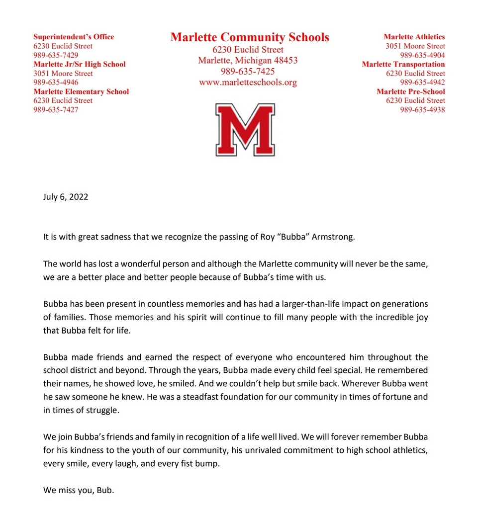 MarletteSchools's tweet photo. With a sad heart, we report the loss of one of Marlette's most exemplary citizens. https://t.co/PAzcEPbi2x