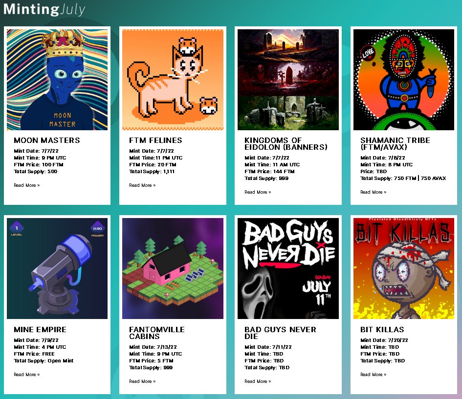 To all the NFT collectors on FTM, 

Are you tired of searching twitter and discord endlessly to find what projects are minting soon, currently minting and all other types of NFT information? 

Well look no further, ftmwatch.com is here for you!

What is minting next!?