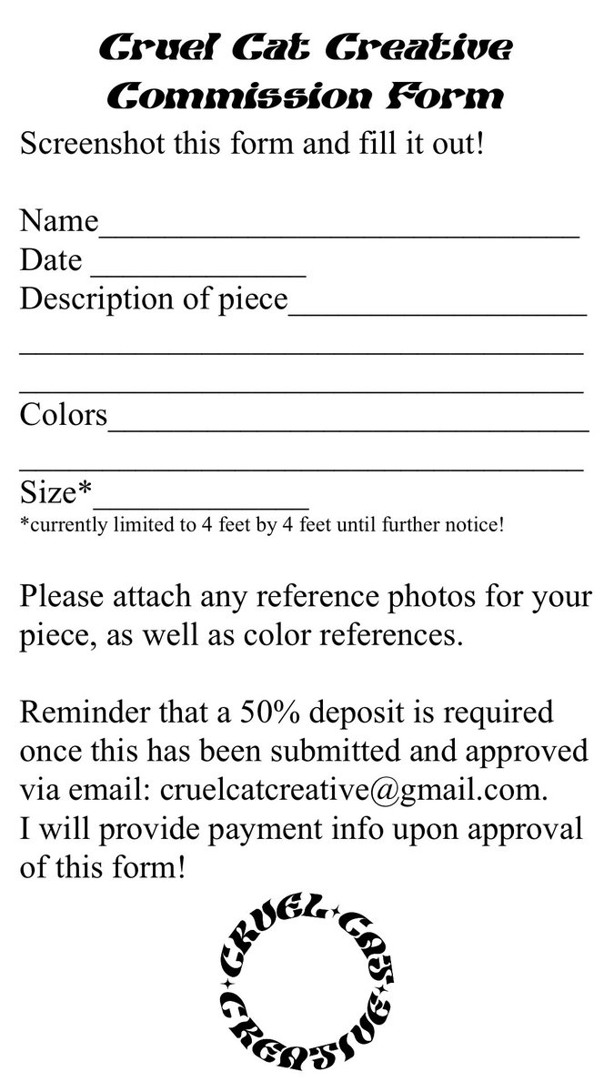 cruelcatcreates's tweet photo. A couple small updates to my FAQs and commission form! While I do still take commissions via DMs, I would prefer via email! I will moving forward require this form be filled out for all commissions! https://t.co/Ed0GPsslqo