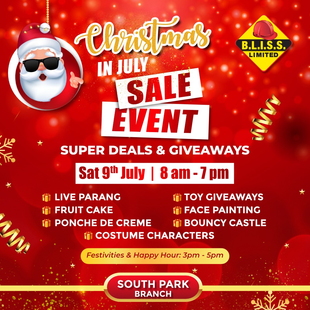 blisssafety's tweet photo. DON'T MISS our Christmas In July Sale Event this weekend!! π₯³πππ
π Saturday 9th July
π 8am - 7pm
π BLISS Safety Store - SOUTH PARK BRANCH
#blisssafetystore #blisslimited #trinidad #safetystore #ppe #safetysupplies #essentials #ppeessentials #christmasinjuly #blissmas https://t.co/NF5CZW8wBs
