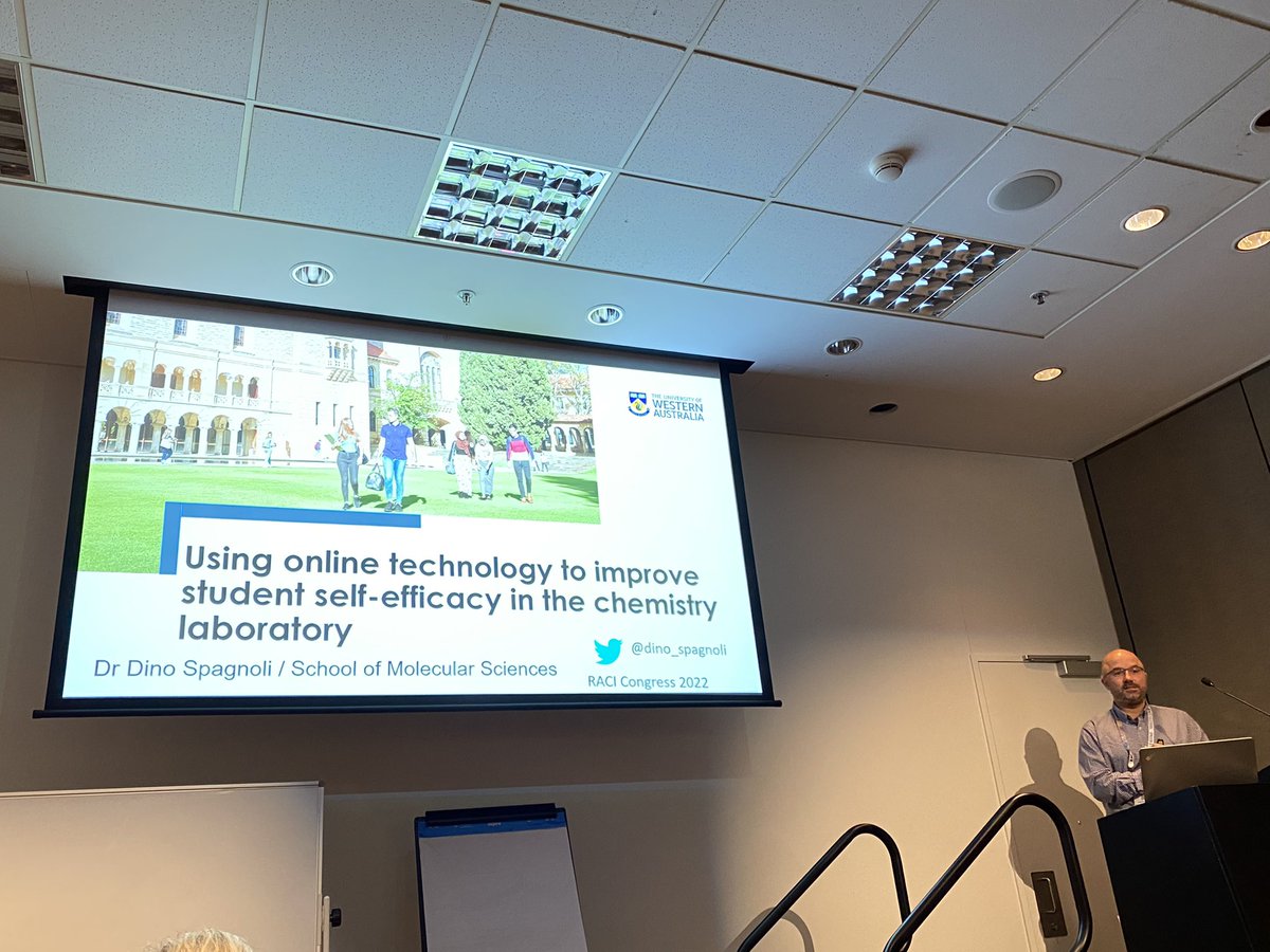 ElizabethYuriev's tweet photo. .@Dino_spagnoli kicking off the 2nd day of #ChemEd #CER talks at #RACI2022 with an #invited talk on #selfefficacy in #lablearning https://t.co/zorETT4nWI