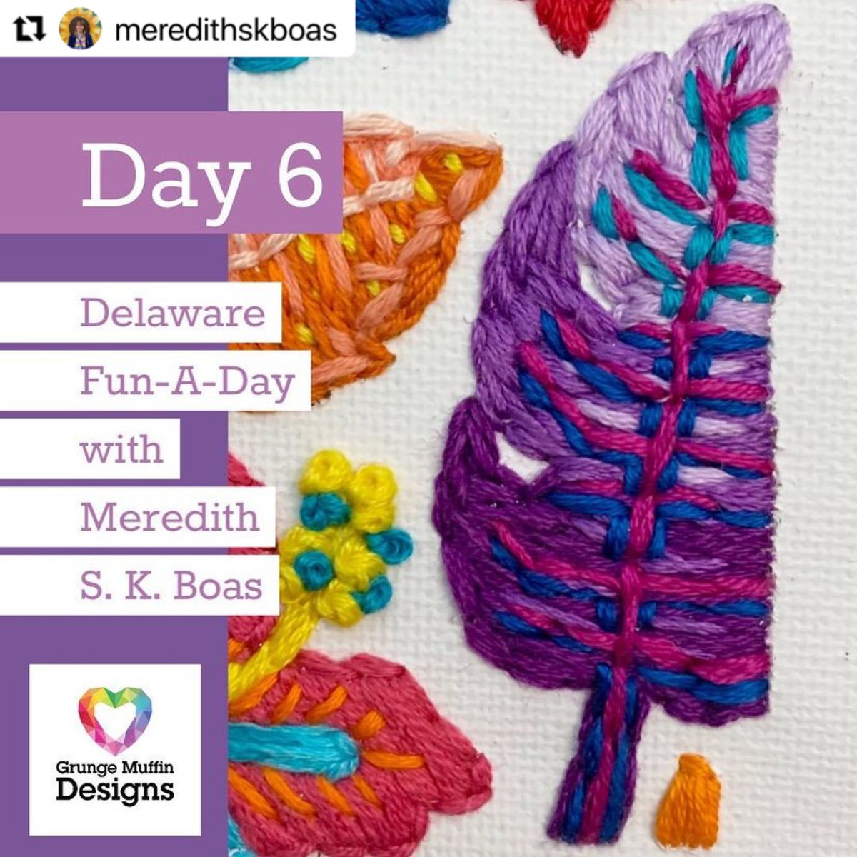 Re-sharing from @meredithskboas (one of the DEFAD organizers)…

Day 6 of my <a href="/delawarefunaday/">Delaware Fun-A-Day</a> 2022 project. Adding more and more to one embroidery work each day in July. Today was a purple leaf on the very edge.
#delaware #delawarefunaday #delawarefunaday2022 #defad2022