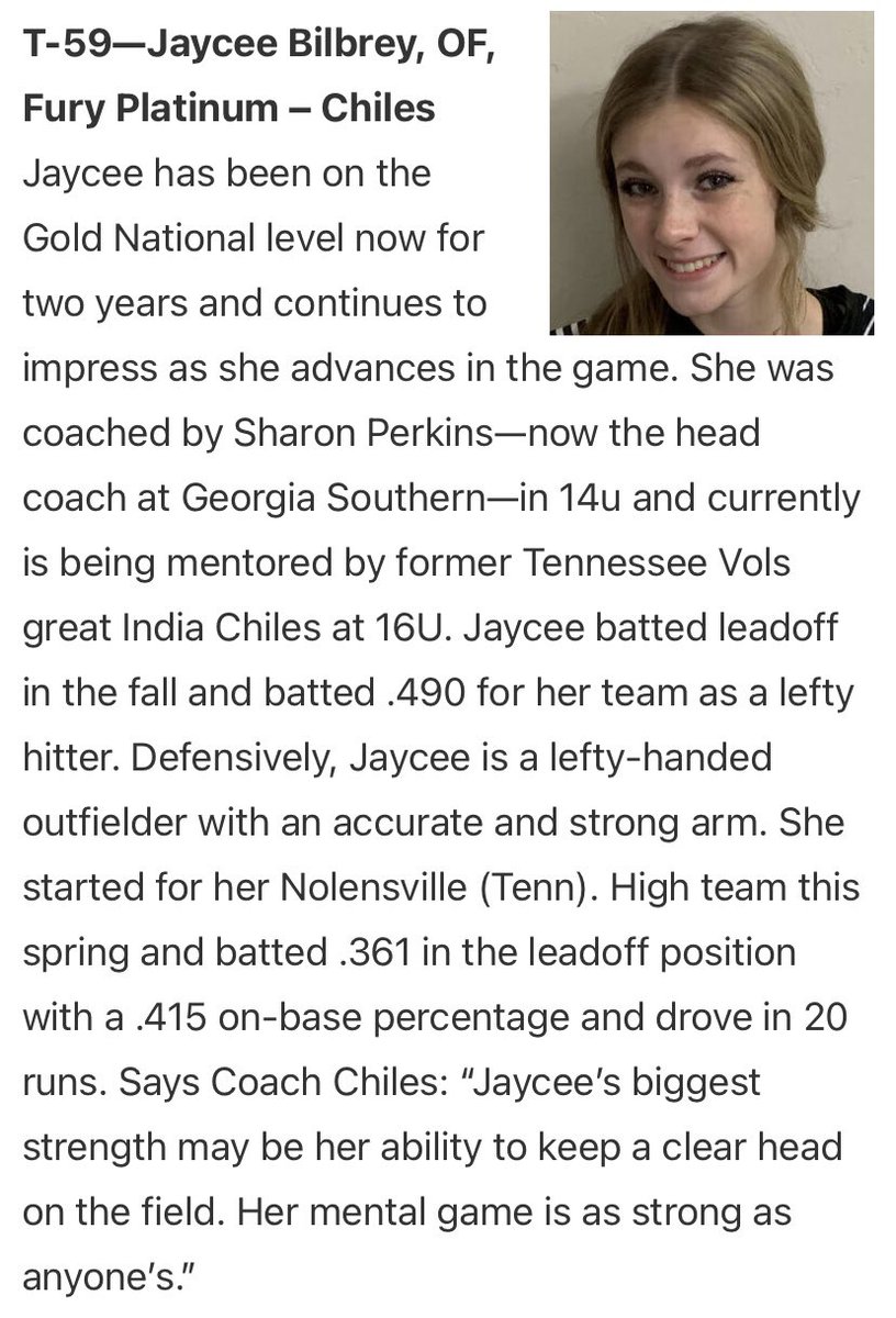 BilbreyJaycee's tweet photo. So honored to be ranked #30 of the outfielders in the 2025 class and ranked overall #59! @ChilesFPNTNL @CCoachlyons7 @TrainingSct @CoachPerkinsSB @UKCoachLawson @KarenWeekly @BaynesCoach @betyree @LauraMatthews12 @CoachKRyman @WKUSoftball @BeaverSoftball https://t.co/vRt2QKXiMD