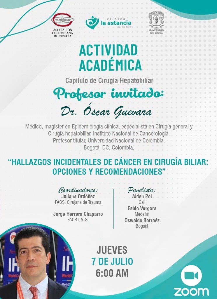 Iniciamos el ciclo de patología Biliar Cordialmente invitados a la actividad académica de 7/07/2022 hora: 06:00 a.m. Bogotá Link⬇️ us02web.zoom.us/j/87909666674?… Código de acceso: 010143 @OscarGuevaraHPB @julianita206 @PipeCabreraV @diegosierrab @me4_so #SoMe4Surgery #MedTwitter