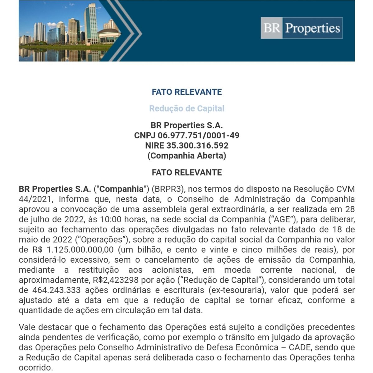QDividendos's tweet photo. BR Properties anuncia redução de capital!
#Queroganhardividendos #BRProperties #BRPR3 #ReduçãodeCapital https://t.co/Zr9GxWU0KY