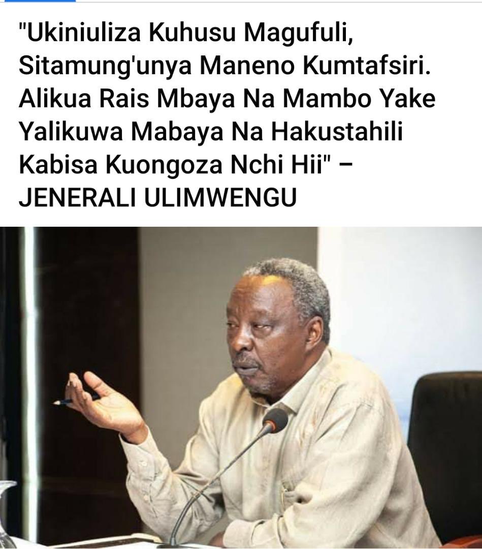 Kusema la haki CCM mnahitaji kutuomba radhi WaTZ kwa kumkabidhi Magufuli Nchi yetu.
Nakubaliana na Jenerali: alikuwa HAFAI kabisa kukabidhiwa Nchi.
Alikuwa hana intellect wala subra wala busara wala UUNGWANA wa kuwa Rais.
CCM owes us all an apology.