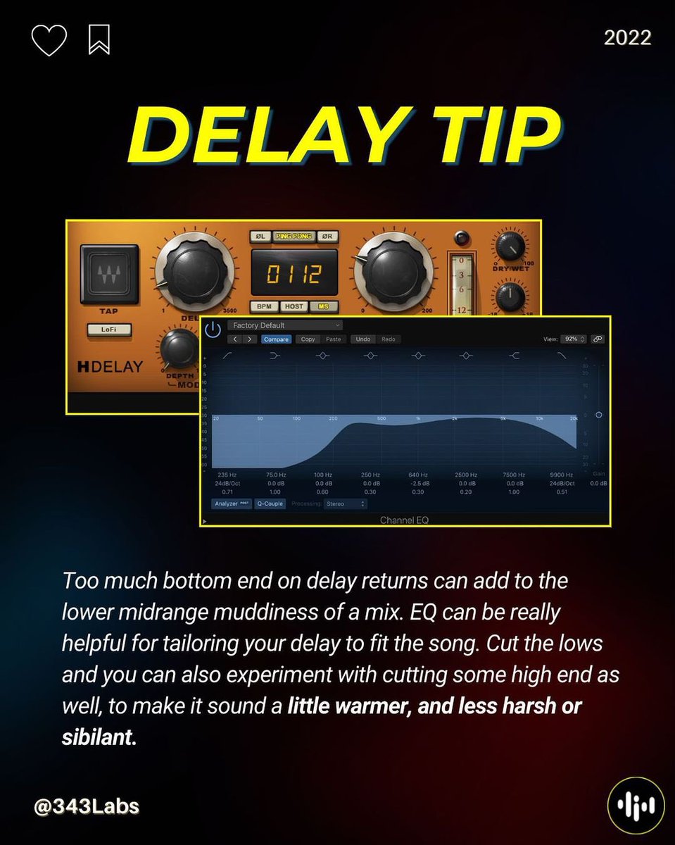 343labs's tweet photo. Delay tip.
#musicproduction #musicproducers #musicproductiontips https://t.co/UI41Y9DOrS
