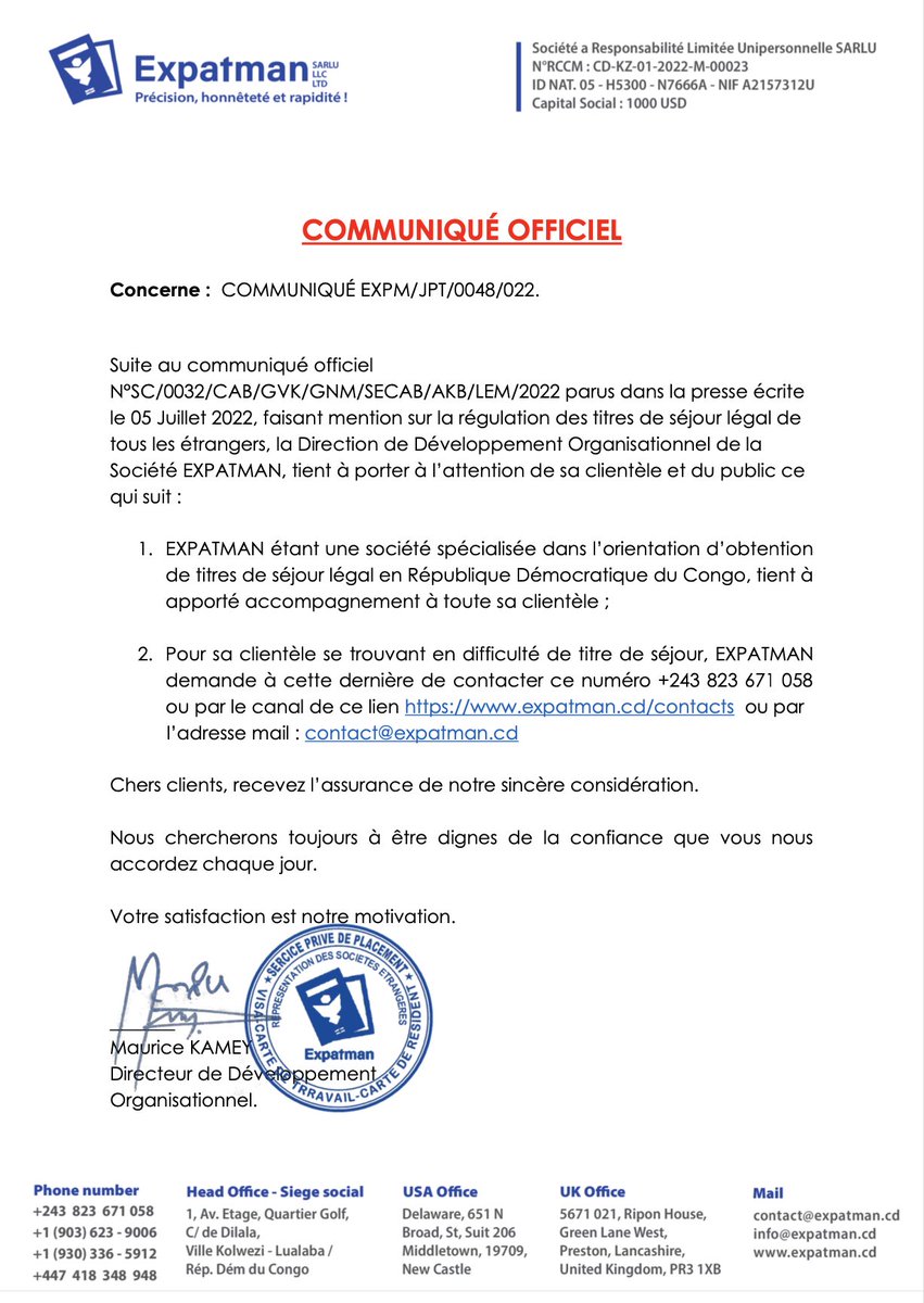 Bonjour très chers clients, l'équipe Expatman tiens à vous annoncer le nouveau communiqué de l'hôtel de ville de Kinshasa : #expatriés    
#congo #africa #kinshasa #drc #travel #rdc #nature