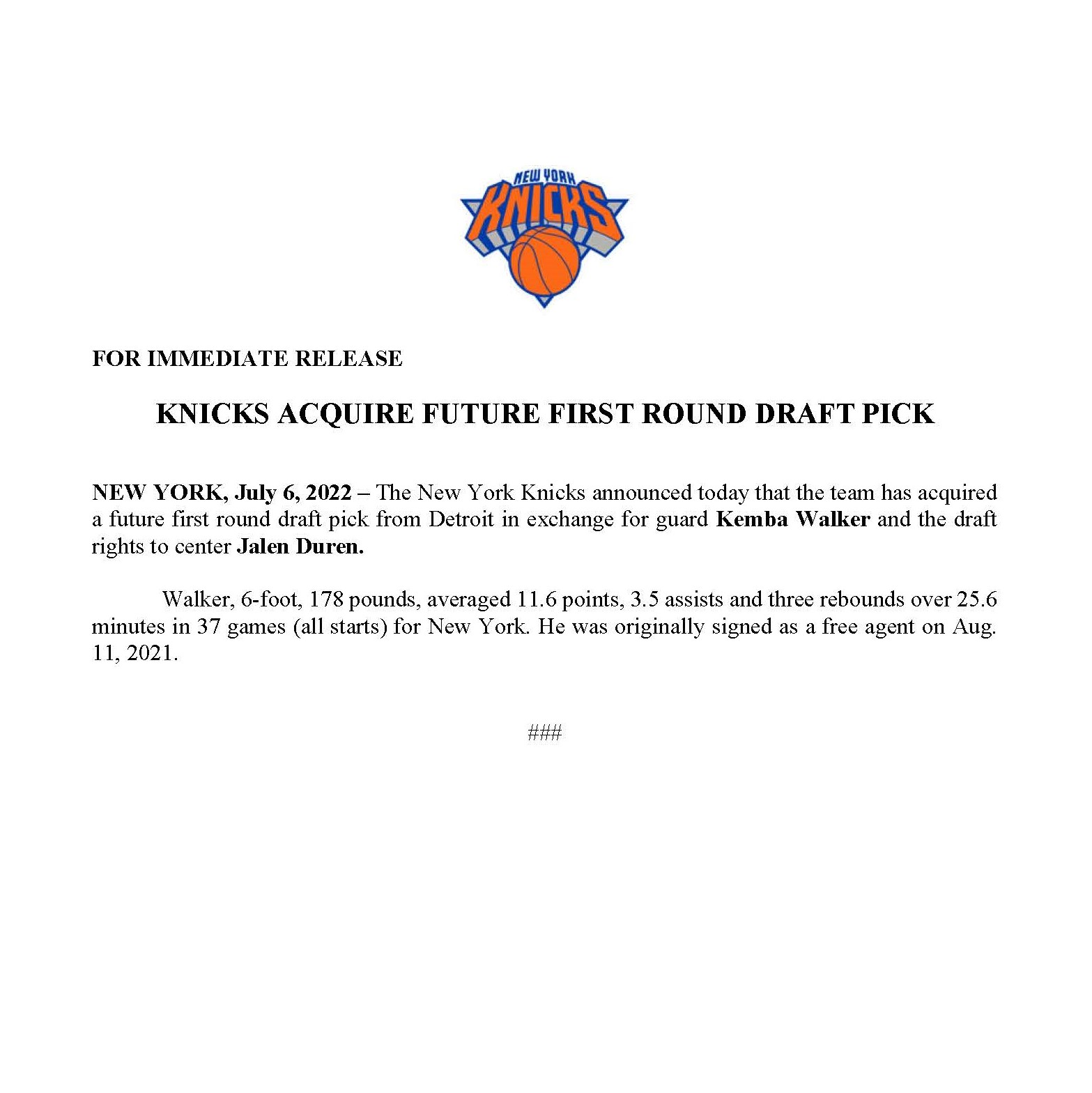 NY_KnicksPR on Twitter: "Knicks Acquire Future First Round Draft Pick ...