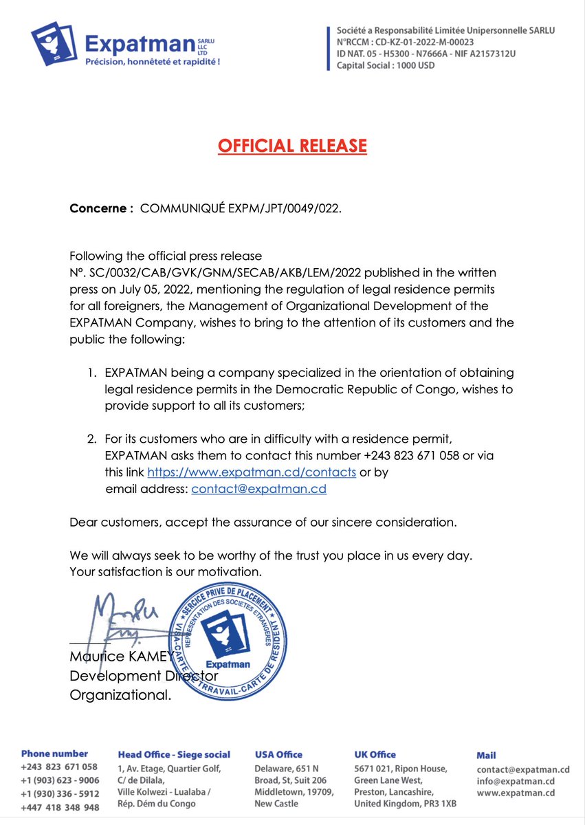 Good morning dear customers, the Expatman team would like to announce the new press release from Kinshasa City Hall: #expatriés    
#congo #africa #kinshasa #drc #travel #rdc #nature