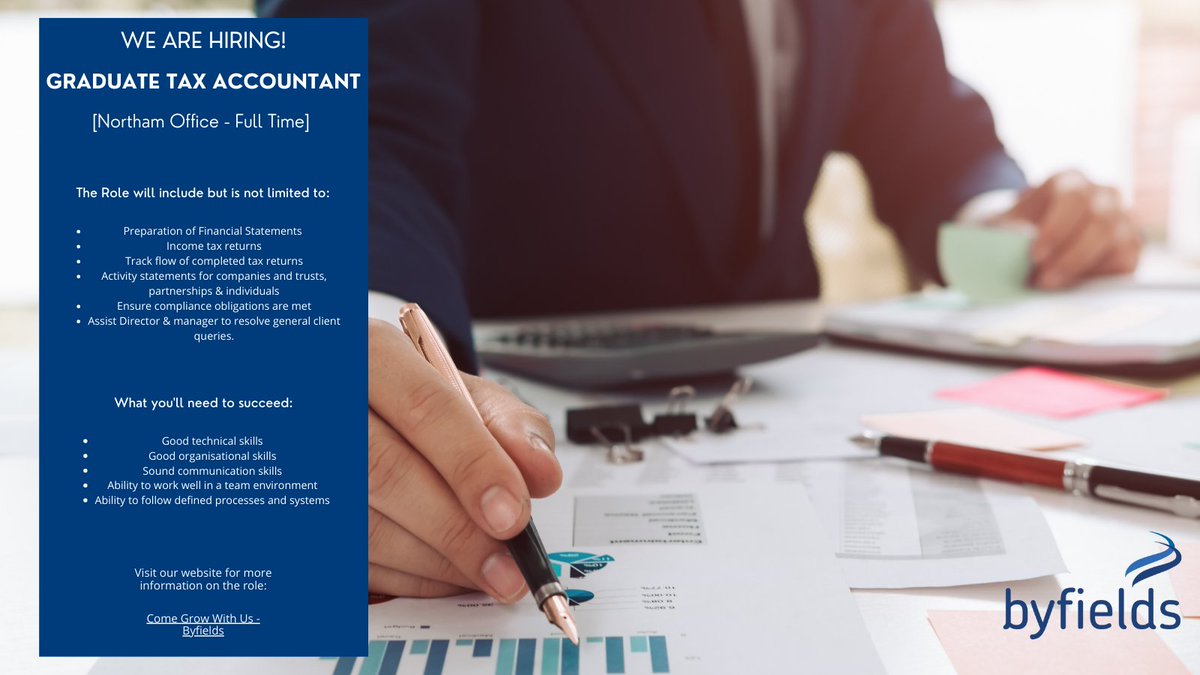 ByfieldsWA's tweet photo. WE ARE HIRING | An opportunity exists for a Graduate Tax Accountant to join our Northam office, full-time.

We have already posted for this role, but this has more info!

If you would like to apply or want more information, visit our website: https://t.co/ARbXRp29k4 https://t.co/WtVN4uMTQd