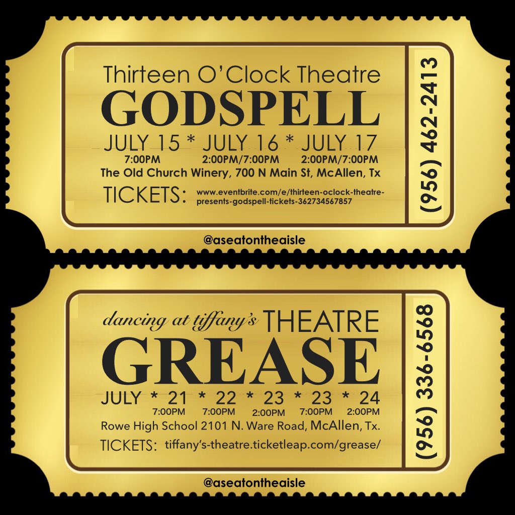 TICKETS AVAILABLE NOW!
Godspell: thirteenoclocktheatre.org
Grease: tiffanys-theatre.ticketleap.com/grease/