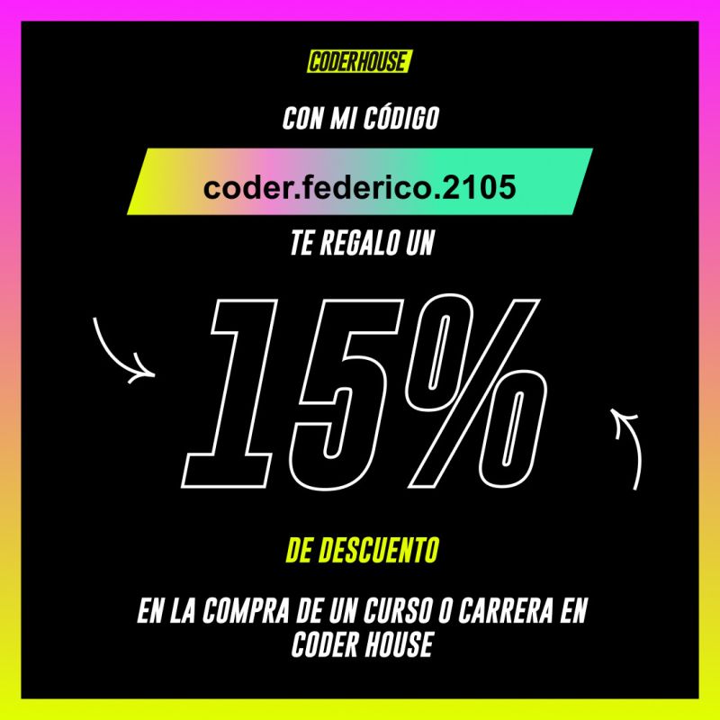fedepoli's tweet photo. Hola 👋  Te comparto mi código para que tengas un 15% OFF sobre el valor con la #CoderBeca en cualquier curso o carrera de #Coderhouse: coder.federico.2105 #DemocratizandoLaEducación a través de @Coderhouse https://t.co/Rg4TGusEOW
