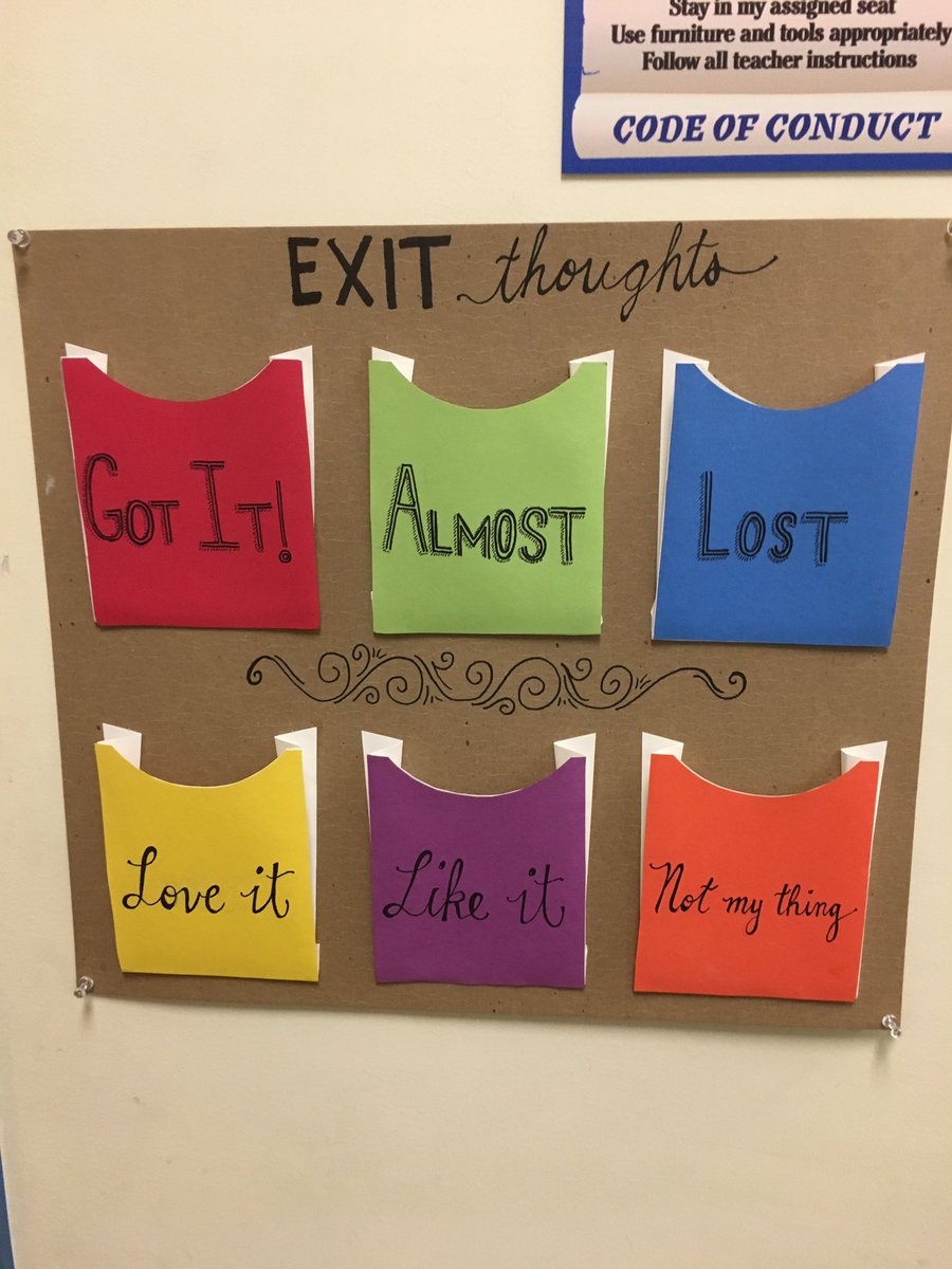 teacher2teacher's tweet photo. With this "Exit Thoughts" board, T Ms. Cring invites Ss to let her know how their learning is going – from "almost" to "got it" to "love it"!

(📸 via @mhsblazers)

https://t.co/7m7jr2Oe9B #tlap https://t.co/Yr18dnjjiR