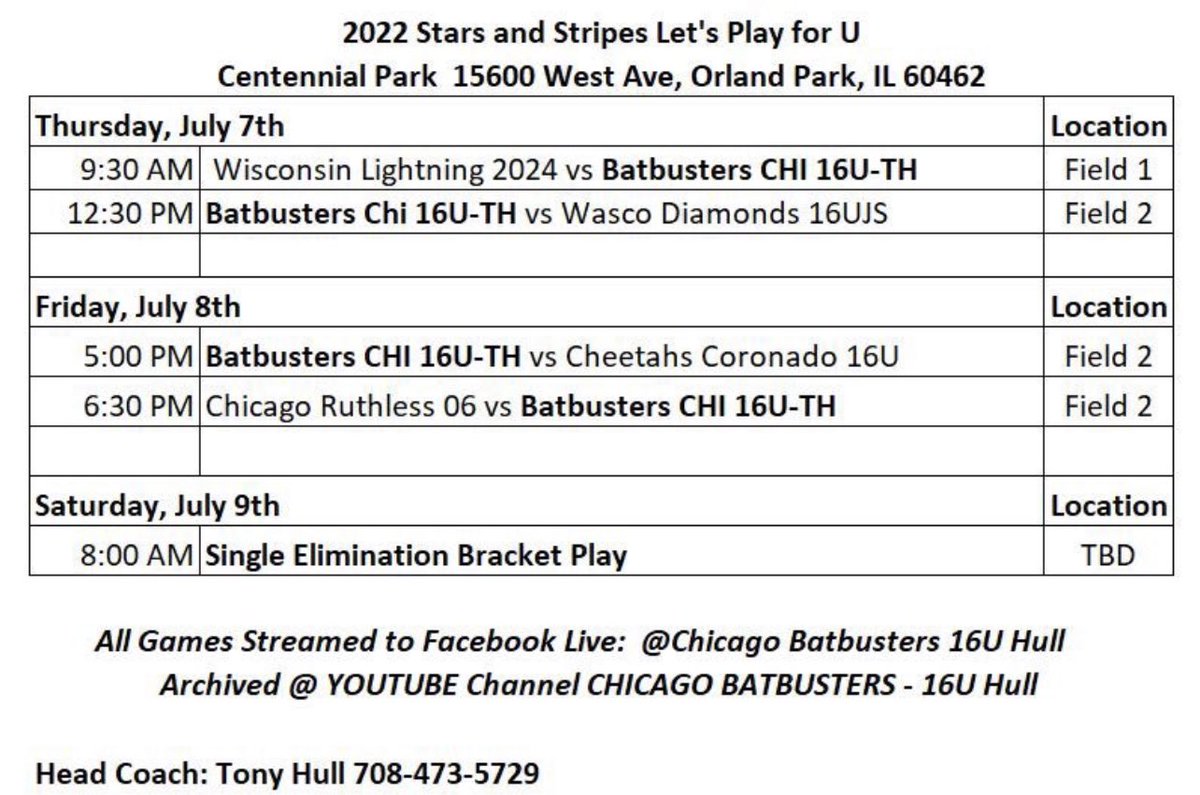 Here is the schedule for the Stars and Stripes tournament this weekend!! @BatbustersChi06 <a href="/CoachGinaKus/">Gina Kustok</a> <a href="/ButlerSoftball/">Butler Softball</a> <a href="/RamblersSB/">Loyola Softball</a> <a href="/BadgerSoftball/">Wisconsin Softball</a> <a href="/CycloneSB/">Iowa State Softball</a> <a href="/BradleySoftball/">Bradley Softball</a> <a href="/UIC_Softball/">UIC Softball 🔥🥎</a> <a href="/DePaulSB/">DePaul Softball</a>
