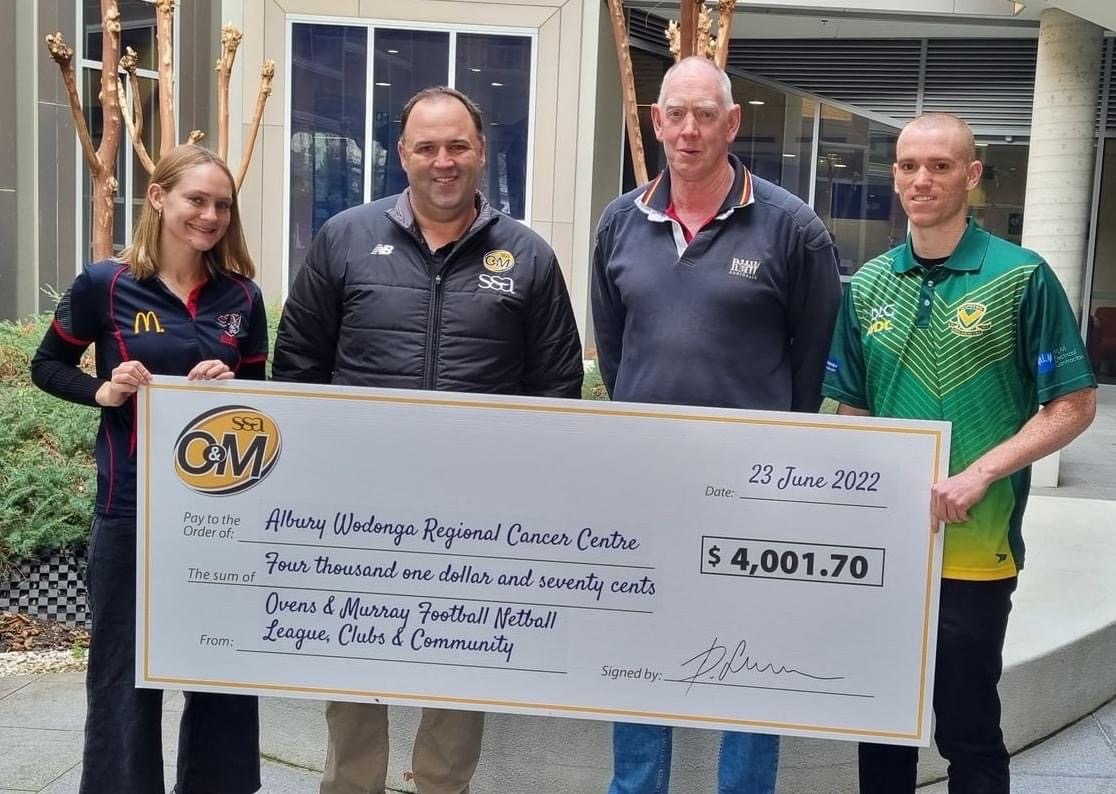 The OMFNL community raised over $4,000 for the Albury Wodonga Regional Cancer Centre in the recent 'Terry socks it to cancer' fundraiser. Thanks to AFLNEB and Terry Greaves for allowing our League and Clubs to be a part of this wonderful fundraising campaign.