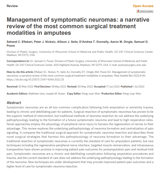 PARjournal's tweet photo. #Neuromas #Targeted muscle #Amputation
A valuable review titled Management of symptomatic neuromas: a narrative review of the most common surgical treatment modalities in amputees from Dr. Samuel O. Poore's team.
Online: https://t.co/ScuxEMHnxT
Welcome to read and share it! https://t.co/Wmlq0Ud9iG