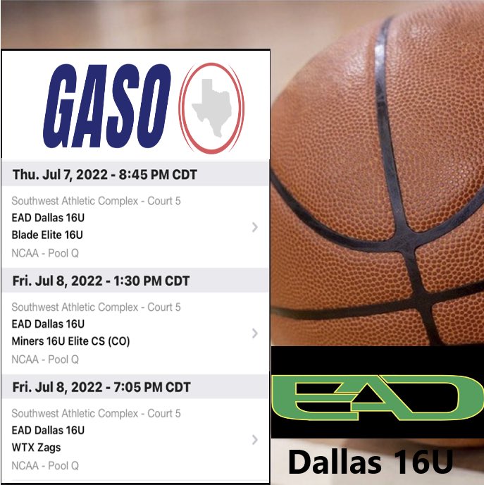 EAD Dallas 16U pool schedule for GASO Live July 7-10, 2022

#GASOLIVE22 
#EADWAY

@EADDFW_MBB @JacksonRog25 @imgavinbarnes @josh_spindle @Ike_Kamsi @okunbor_malachi @nathandavisss @24Ryanrogers @AshtenBloom @TexasHoopsGASO 

⬇️ ⬇️⬇️⬇️⬇️⬇️⬇️⬇️⬇️⬇️⬇️⬇️⬇️⬇️