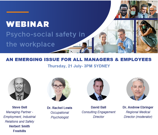 IntlSOSAU's tweet photo. Join International SOS as we discuss psycho-social aspects of workplace safety with particular reference to the regulatory changes in Victoria from Jul 1: the OH&amp;S Amendment (Psychological Health) and the model WH&amp;S Laws in place elsewhere federally. https://t.co/fluY1rwIBD https://t.co/PnnL4gT9RF